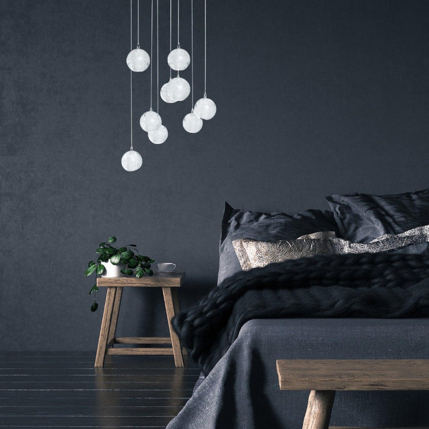 9 light Crystal Spheres Chandelier // Round Chrome Canopy