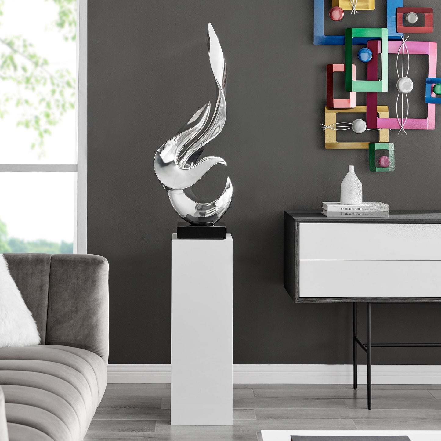Chrome Flame Floor Sculpture With White Stand, 65" Tall