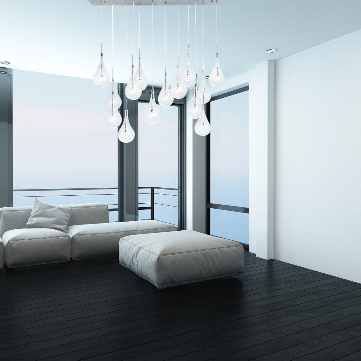 Modern Glass Drops Chandelier // 14 Lights // Rectangular Chrome Canopy