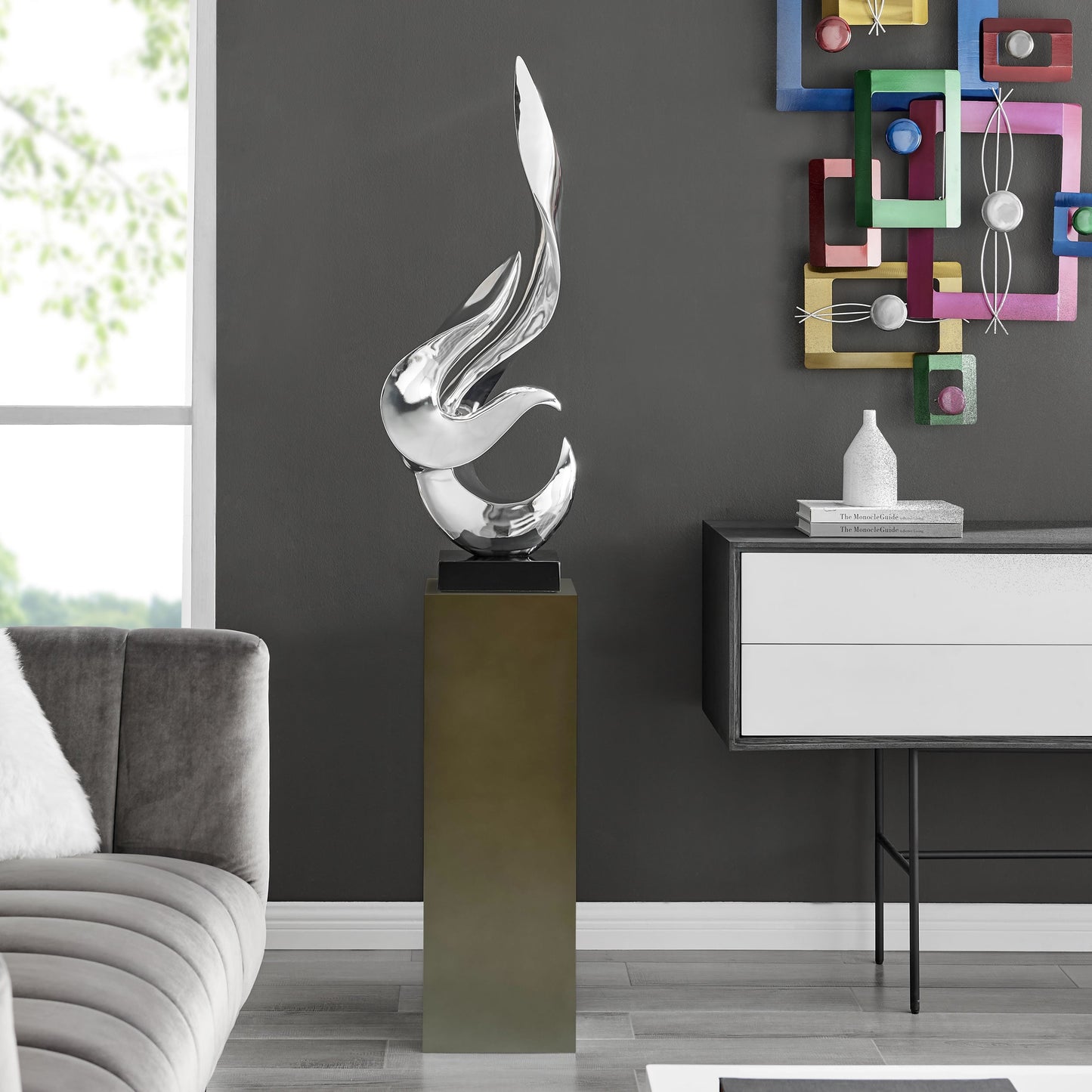 Chrome Flame Floor Sculpture With Gray Stand, 65" Tall