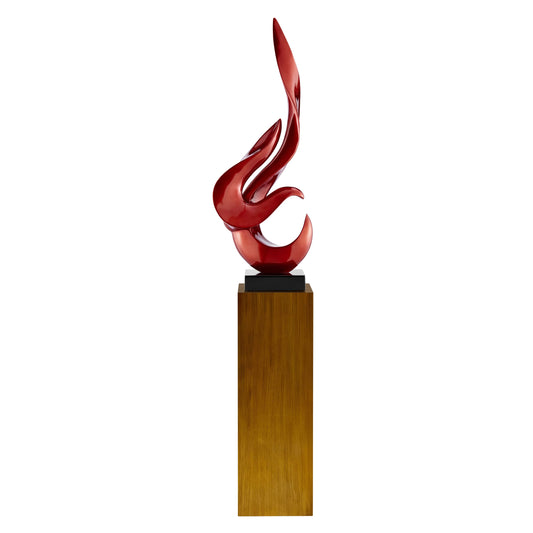 Metallic Red Flame Floor Sculpture With Wood Stand, 65" Tall