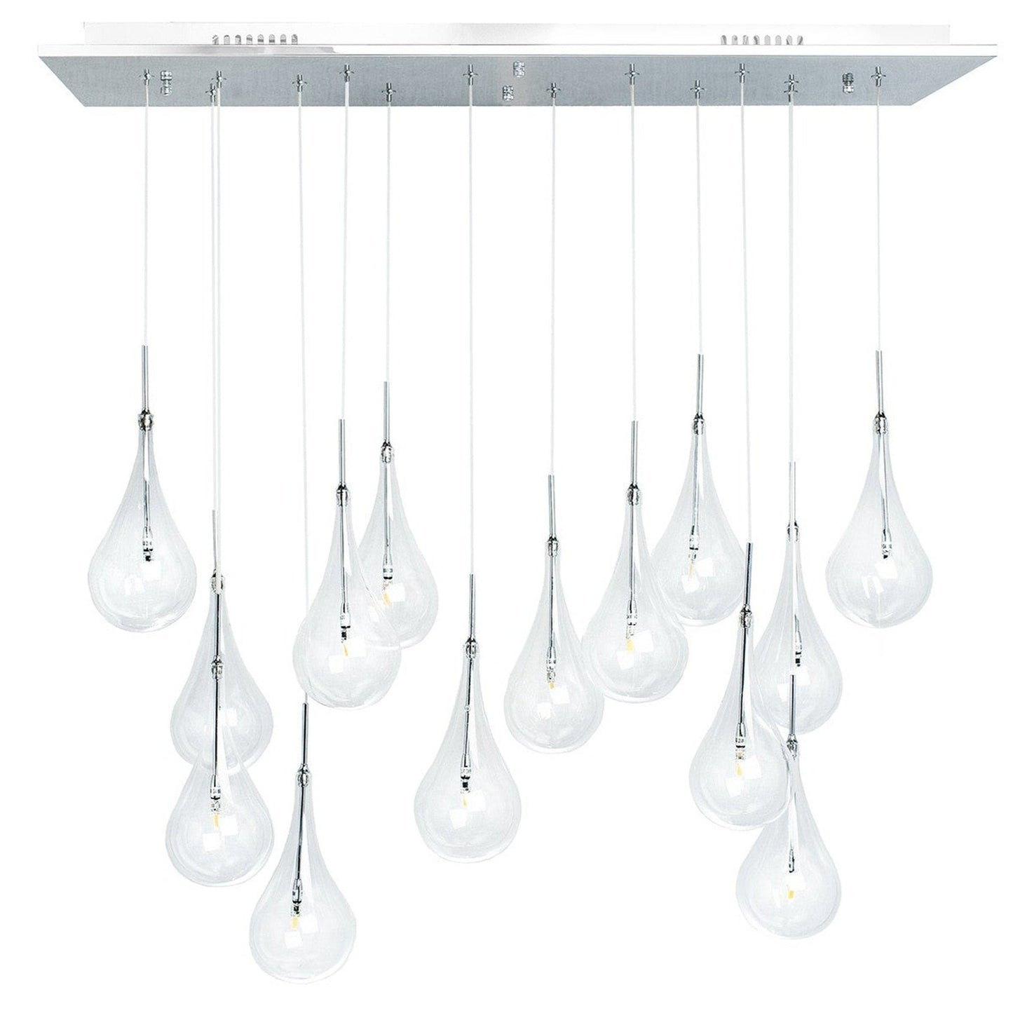 Modern Glass Drops Chandelier // 14 Lights // Rectangular Chrome Canopy