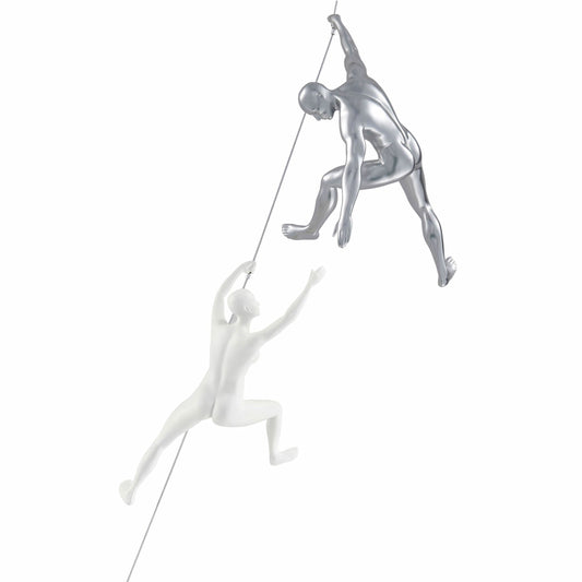 Climbing Couple Set of Two Wall Sculptures, Matte White & Chrome