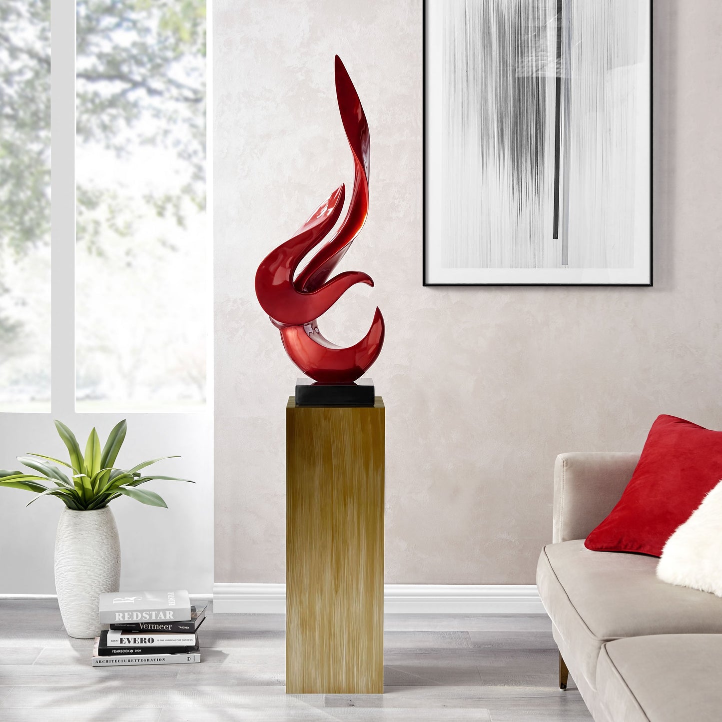 Metallic Red Flame Floor Sculpture With Bronze Stand, 65" Tall