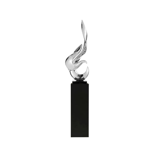 Chrome Flame Floor Sculpture With Black Stand, 65" Tall